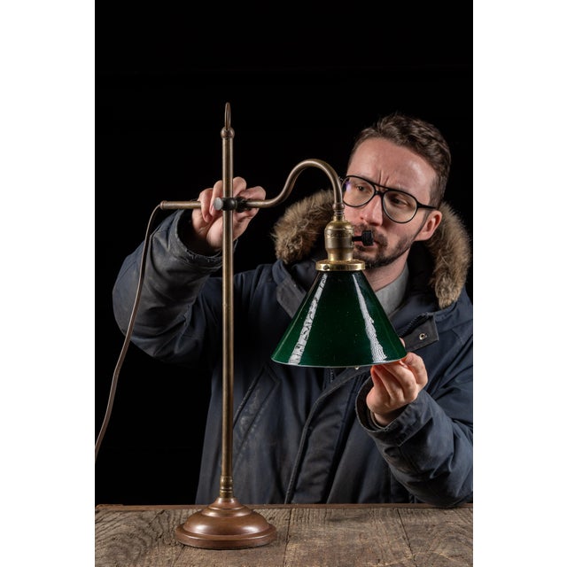 c. 1920s; Faries Manufacturing Co. - Decatur, IL Antique adjustable desk lamp featuring a warm, aged brass body and rich...