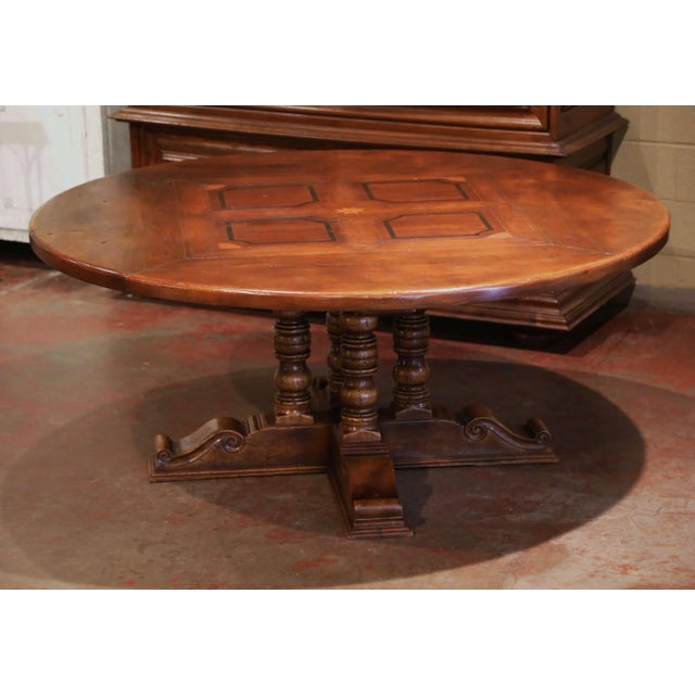 Wood Mid-Century French Carved Walnut Pedestal Round Dining Table With Parquetry Top For Sale - Image 7 of 13