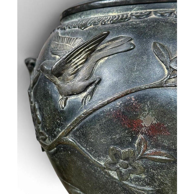Coffee Antique Japanese Meiji Period Patinated Bronze Vase Table Lamp With High Relief Bird and Flower Silk Pagoda Shade For Sale - Image 8 of 13