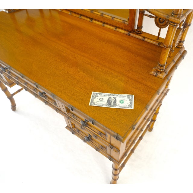 Brown Fine Faux Burnt Bamboo Vanity Dressing 5 Drawers Table Tilting Mirror MINT For Sale - Image 8 of 18