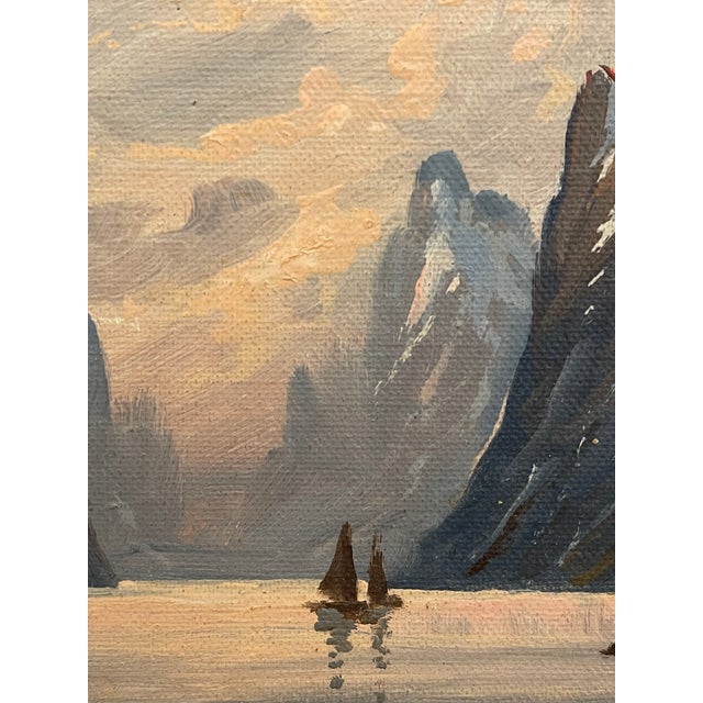 Gray Vintage Signed K. Fjeilberg Mountain Landscape Painting With Sailboats in Gilt Wood Frame Possibly 1930s Norway. For Sale - Image 8 of 10