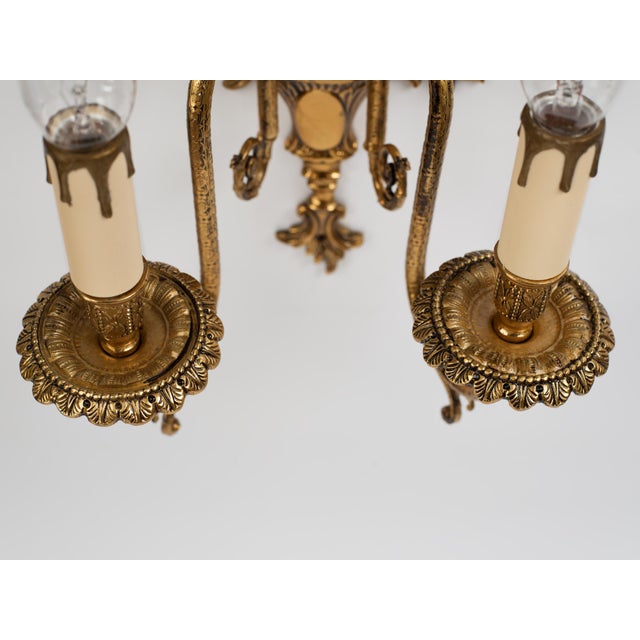 1950s Spanish Empire Cast Brass Winged Goddess Nike Victory 2-Light Wall Sconces - A Symmetrical Pair For Sale - Image 4 of 12