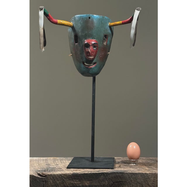Antique Folk Art Hand Carved Mexican Bull With Skull Mask For Sale - Image 4 of 9