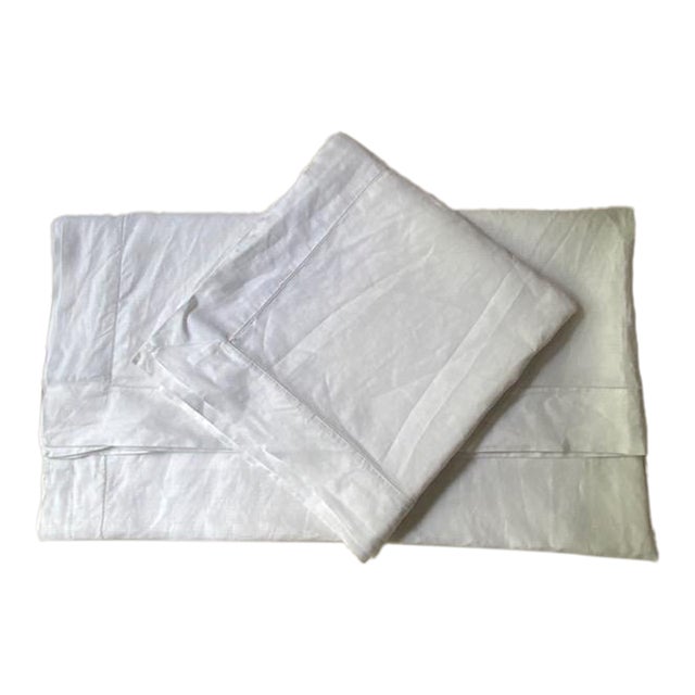 Antique French White Linen Bistro Tablecloths, Hemstitch Border, Mitered Corners, 43" Square | Pair | C. 1900 For Sale