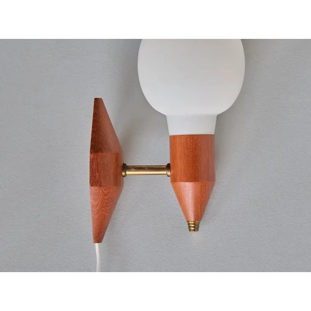 Swedish Modern Teak Wood, Brass and Opaline Glass Wall Lamps, Sweden, 1950s, Set of 2 For Sale - Image 4 of 10