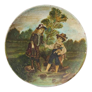 19th Century Austrian Hand-Painted Wall Plate Depicting Kids With a Puppy, Earthenware