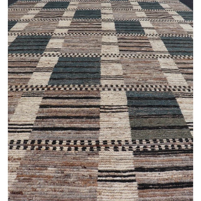 Modern Casual Design Tribal Rug With Checkered Pattern in Teal Cream and Brown For Sale In Atlanta - Image 6 of 11
