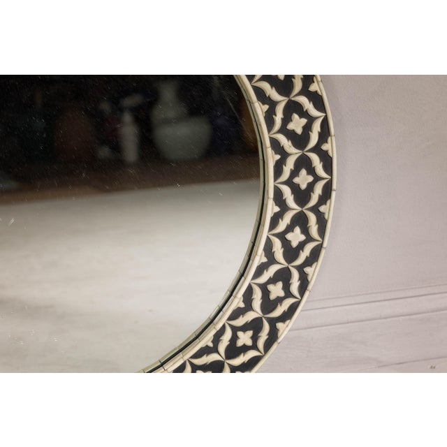 Bone Inlay Black and White Round Mirror with Floral Motifs For Sale - Image 12 of 12