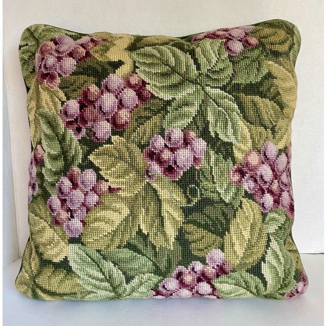 Contemporary Vintage Grapevine Needlepoint and Velvet Accent Pillow For Sale - Image 3 of 8