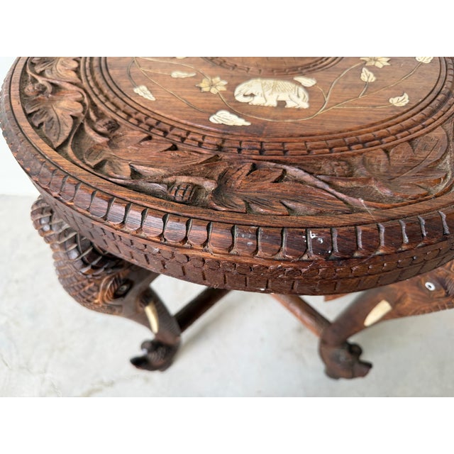 Vintage Anglo Indian Hand-Carved Elephant Side Table With Bone Inlay Animal Motif For Sale - Image 13 of 15