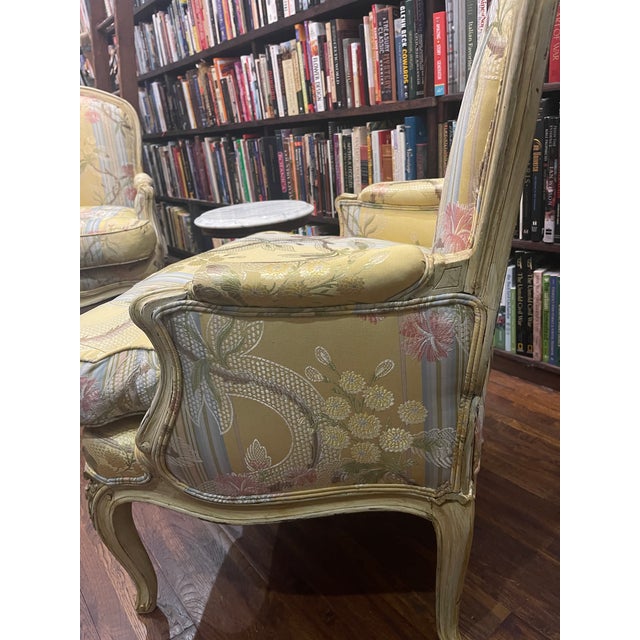 French Provincial Mid 20th Century French Provincial Floral Louis XV Style Bergere Cabriole Armchair For Sale - Image 3 of 12