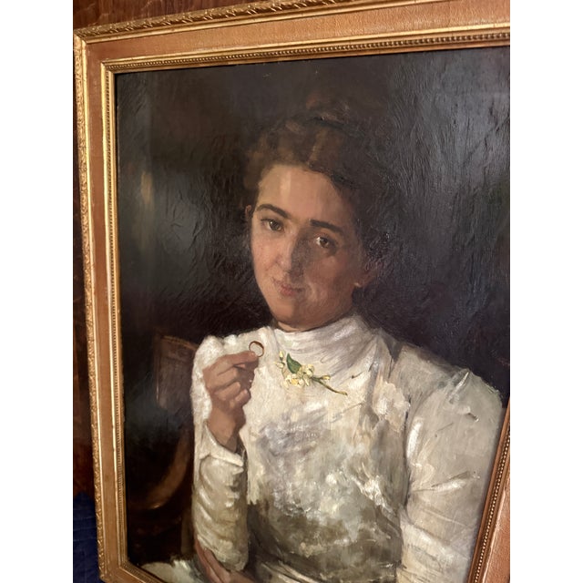 1900 - 1909 Antique Portrait of a Young Lady Who Got Engaged, Oil, 1901 For Sale - Image 5 of 12