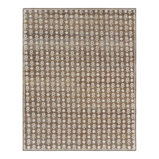 Rug & Kilim’s Modern Block Print Rug in Brown with White Floral Patterns - 12x15 For Sale
