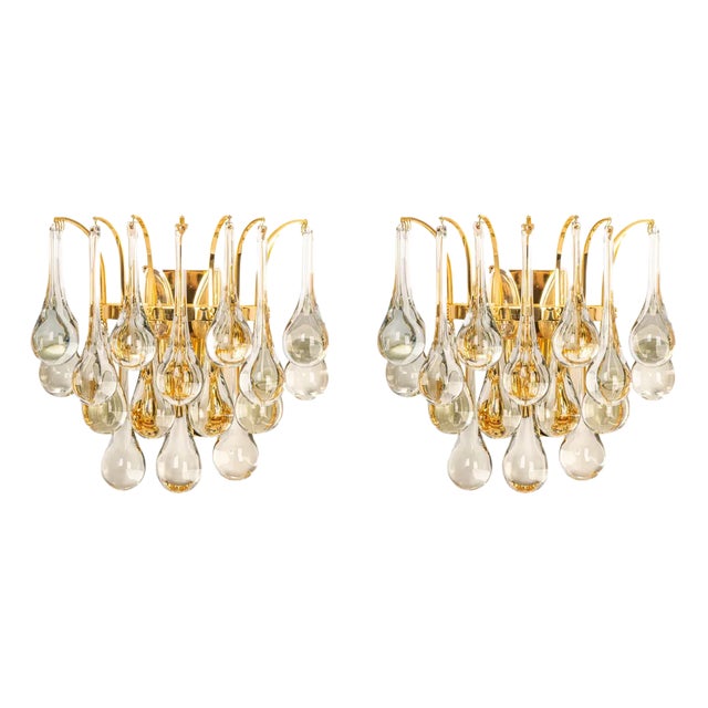 Large Golden Gilded Brass & Crystal Sconces by C.Palme, Germany, 1970s, Set of 2 For Sale