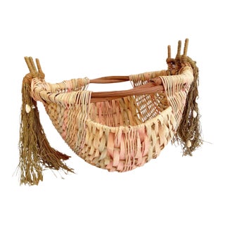 1980s Handwoven Twig Handle Nautical Colorful Basket With Tassels & Shells For Sale