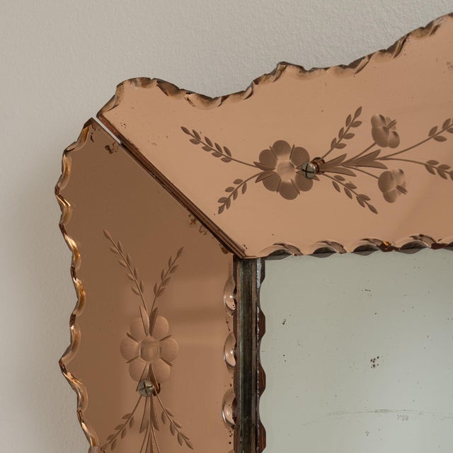 Carved wood mirror with etched border in Warm Blush Pink. Finished in warm blush pink, this carved wood mirror with etched...