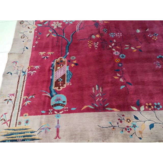 Textile Beautiful Maroon Color Background Classic Antique 1920s Art Deco Chinese Rug For Sale - Image 7 of 8