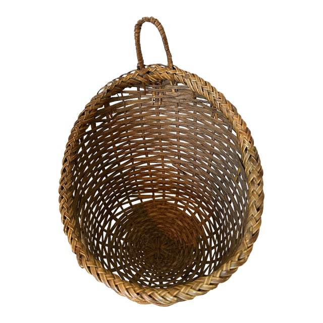 Vintage French Mid-Century Woven Rattan Wall Basket For Sale