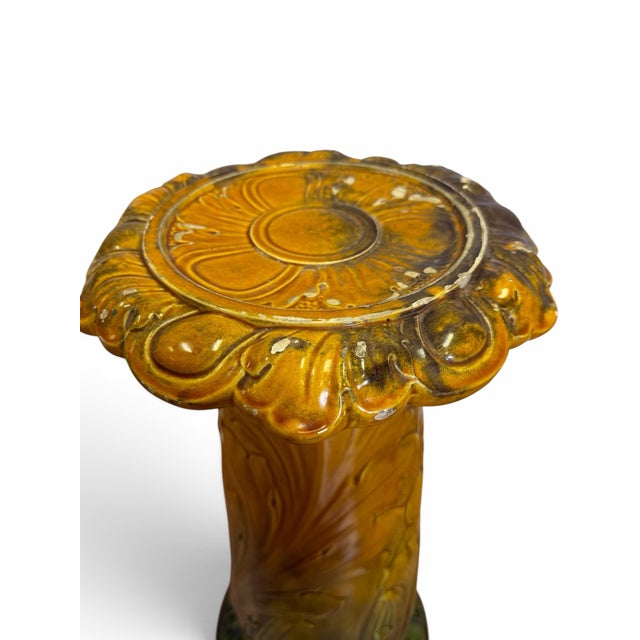 An exceptional early 20th-century Art Nouveau majolica pottery pedestal column manufactured by the historic Brush-McCoy...