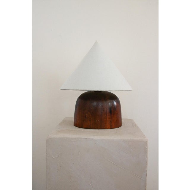 Vintage wood hat mold lamp base with new custom off white shade. Gorgeous peforated oblong walnut lamp base previously...