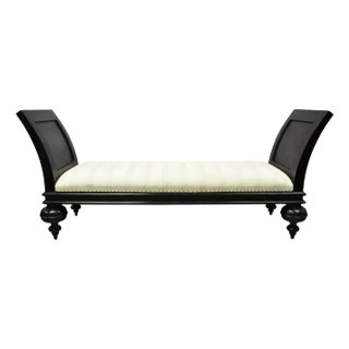 20th Century Hollywood Regency Italian Style Large Black Bun Feet Wooden Window Bench For Sale