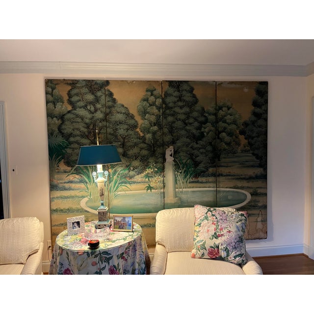 Four panel work on paper mounted on wood stretchers that measure 7 feet x 9’5”. This antique looking art was purchased by...