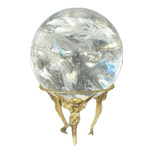Large Rock Crystal Quartz Sphere in Brass Angel Stand