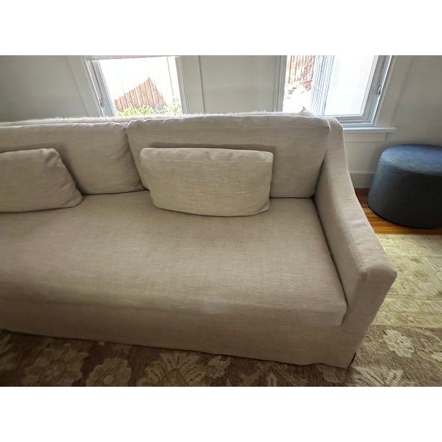 Restoration Hardware Belgian Slipcovered Slope Arm Bench-Cushion Sofa in Sand Performance Linen, 7ft (Pair Available) For Sale - Image 9 of 14