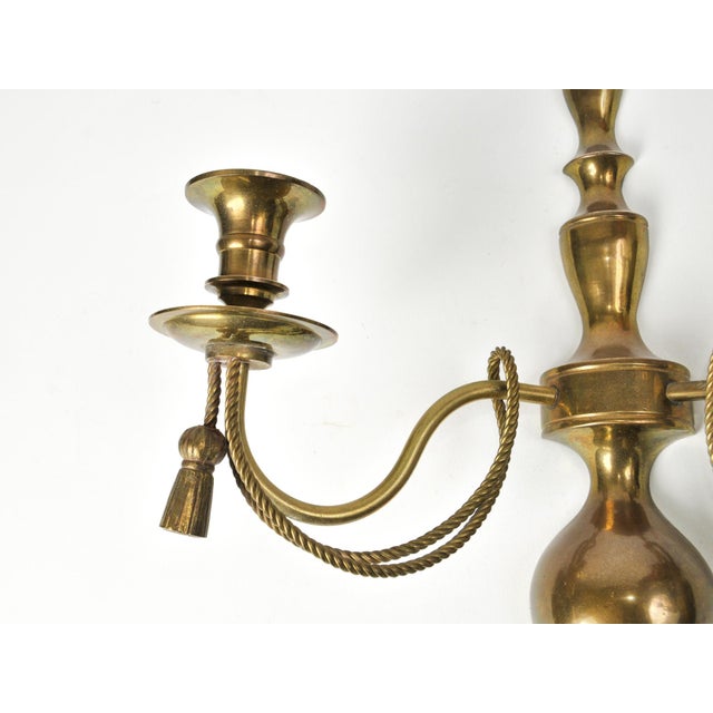 Pair of Hollywood Regency Brass Rope & Tassel Wall Sconces | Double Taper Wall Candle Holders For Sale In Rochester - Image 6 of 15