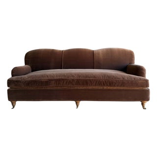 Modern English Sofa in Chestnut Brown in Faux Velvet Mohair With Down Cushion For Sale