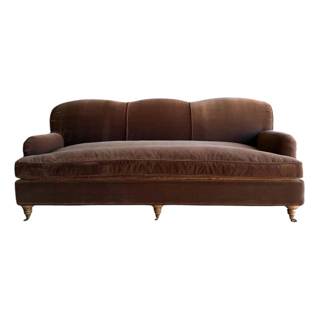 Modern English Sofa in Chestnut Brown in Faux Velvet Mohair With Down Cushion For Sale