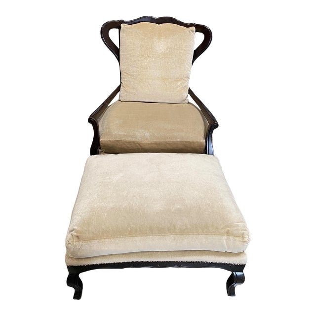 Country French Wood Frame Club Chair & Ottoman For Sale