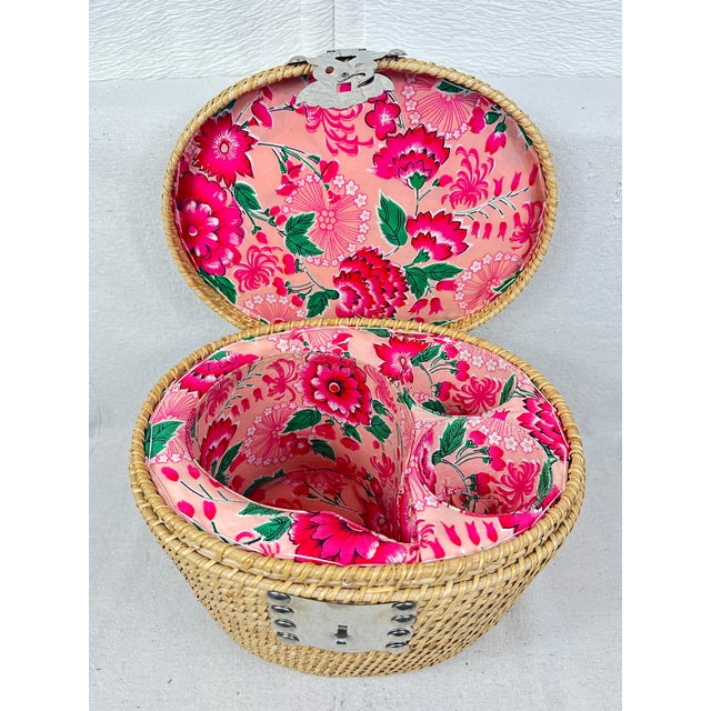 Vintage Hand-Woven Rattan & Wicker Travel Tea Basket / Storage Caddy For Sale - Image 9 of 10