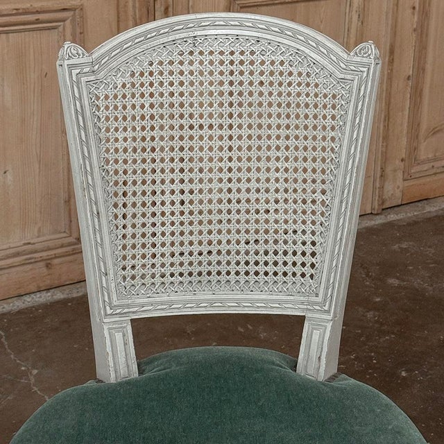 Set of Six Neoclassical Painted Swedish Chairs With Caned Backs & Mohair Seats For Sale - Image 11 of 15