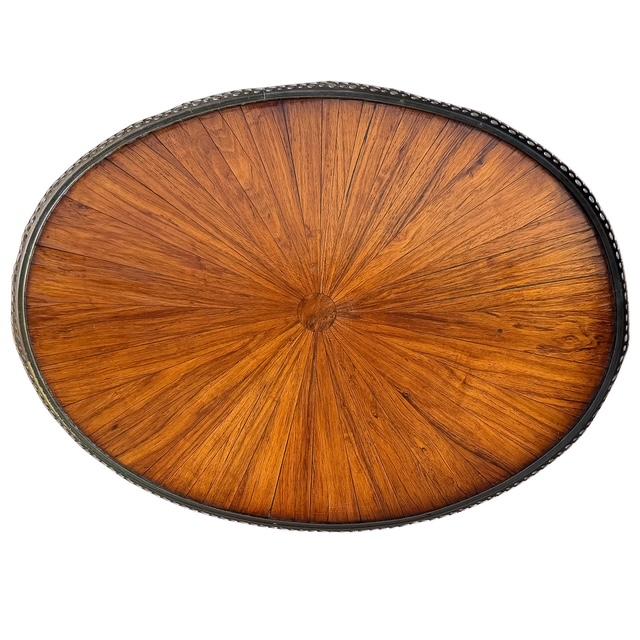 1920s Antique French Neoclassical Mahogany Sunburst Inlaid Oval Side Table With Pierced Brass Gallery, Circa 1900 For Sale - Image 5 of 14