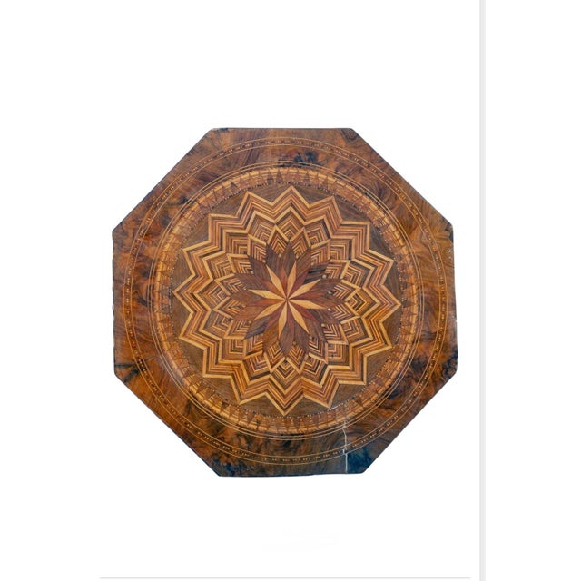Italian walnut marquetry pedestal table, circa 1860, Beautifully crafted with fine marquetry in variation of walnut...