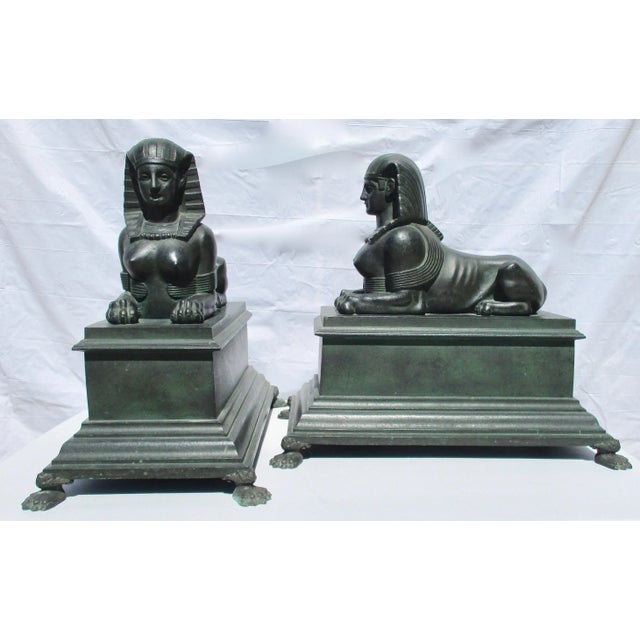 Large Pair of bronze sphinx ornamental sculptural elements. Fireplace, mantel, staircase, or any room needing formal...
