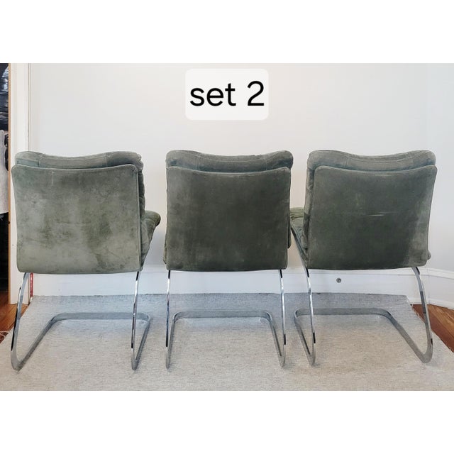 1970s Suede and Chrome Cantilever Dining Chairs in Moss Green Attributed to Roche Bobois-Set of 6 For Sale - Image 10 of 17