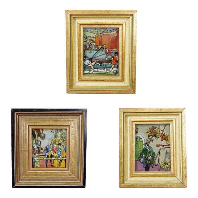 Three Vintage Behind Glass Paintings With Biedermeier Scenes For Sale