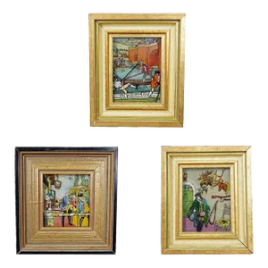 Three Vintage Behind Glass Paintings With Biedermeier Scenes