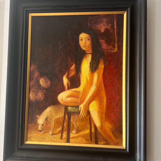 Oil on Canvas European School Framed Signed Titled Girl With a Dog Made in 1986 by Tatiana Zeltzer For Sale - Image 9 of 12