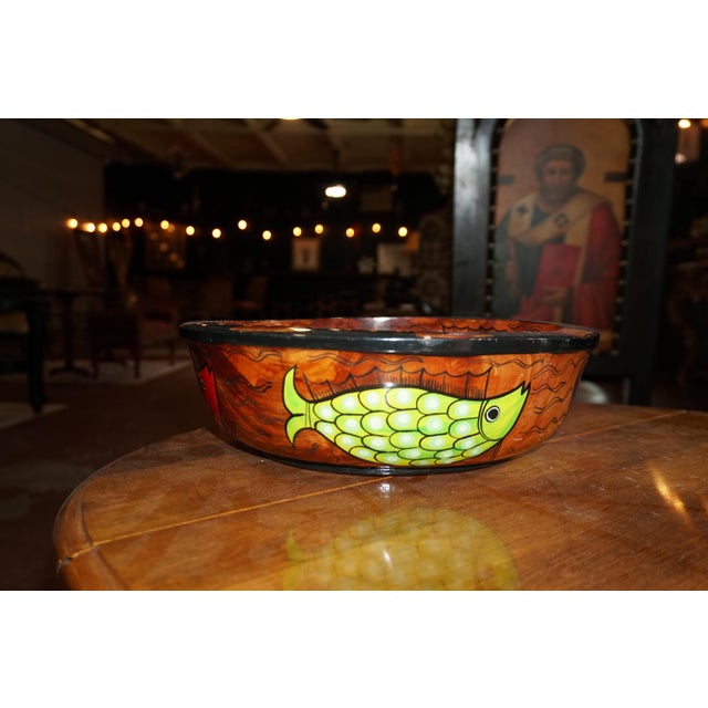 Colorful Hand-Painted Wooden Fish Bowl – Folk Art Decorative Centerpiece For Sale In San Antonio - Image 6 of 9