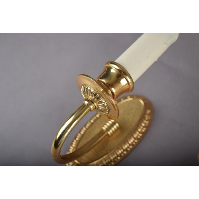 Louis XVI Gilt Metal Wall Sconces with Oval Beaded Backplates, 1950s, Set of 3 For Sale - Image 6 of 7