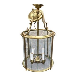 Mid 20th Century Italian Mid-Century Brass & Glass Lantern Chandelier, 4-Light For Sale