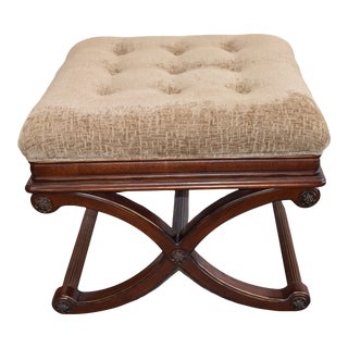 Vintage Butler Specialty Co. Tan Button Tufted X-Cross Ottoman/Footstool For Sale
