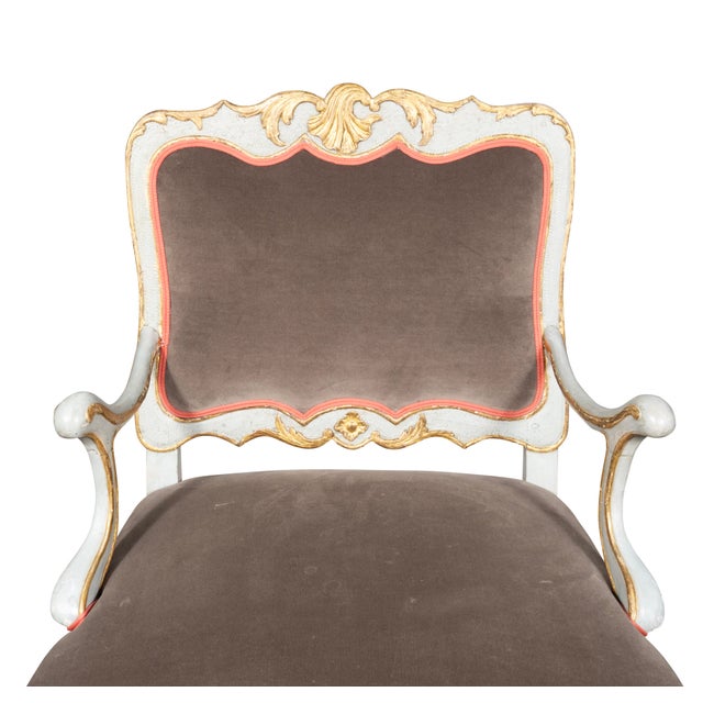 Pair of Italian Rococo Blue Painted Armchairs For Sale - Image 9 of 10
