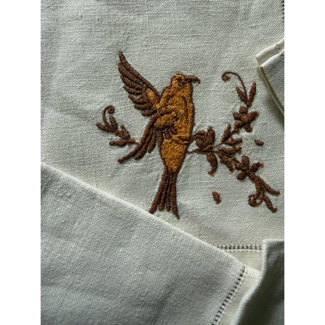 English Vintage Fine Linen Luncheon Napkins, Embroidered Songbird Motif, Hemstitched Ivory Linen, C. 1940s–1950s - Set of Four For Sale - Image 3 of 8
