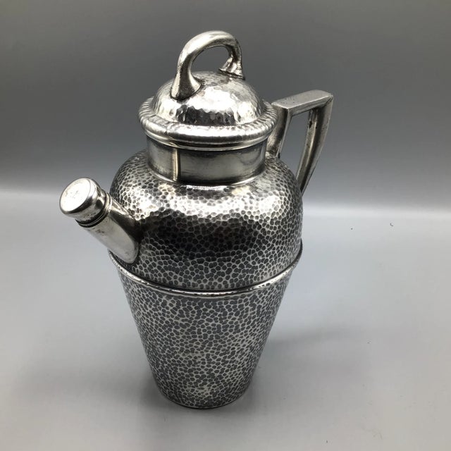 Silver Tea Pot Style Cocktail Shaker 1930’s T and T Nickel Silver Hand Hammered For Sale - Image 8 of 13