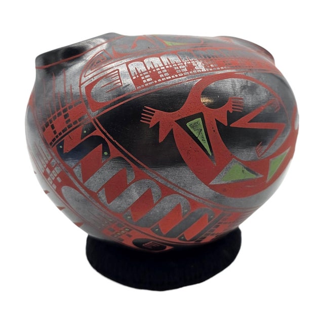 Red Signed Cesar Bugarini Mata Ortiz Double Opening Burnished Pottery Vessel 7" For Sale - Image 8 of 15