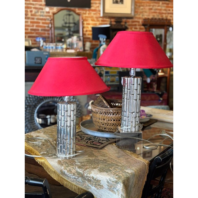 Metal 1960s Chrome Faux Bamboo Hollywood Regency Style Table Lamps With Red Shades - a Pair For Sale - Image 7 of 15